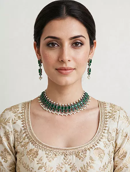 Green stone studded oxidised choker necklace with matching green drop earrings