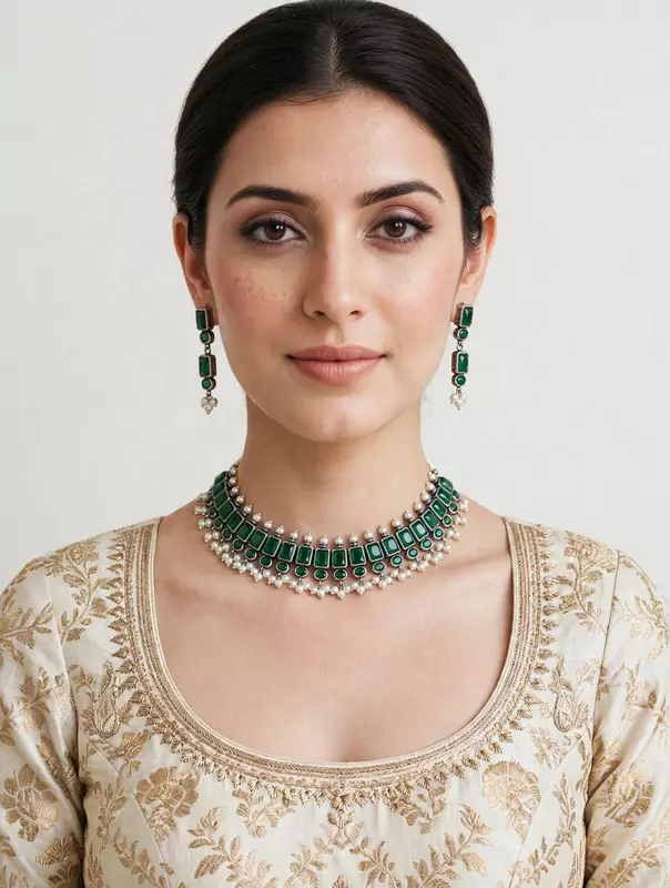 Green stone studded oxidised choker necklace with matching green drop earrings