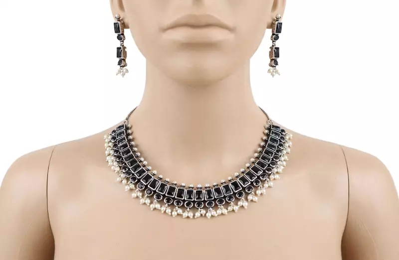 Black stone studded oxidised choker necklace with matching black drop earrings