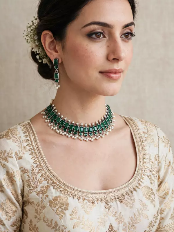 Green stone studded oxidised choker necklace with matching green drop earrings