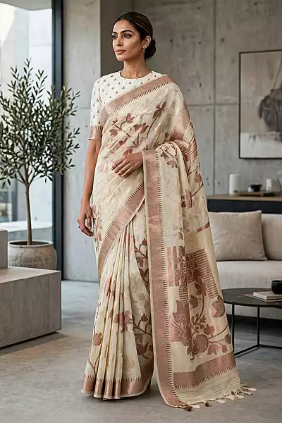 Cream kasmiri silk saree