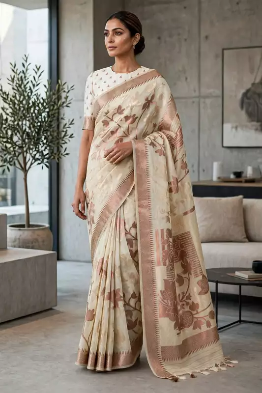 Cream kasmiri silk saree