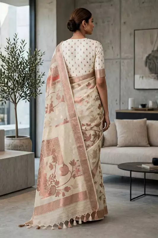 Cream kasmiri silk saree