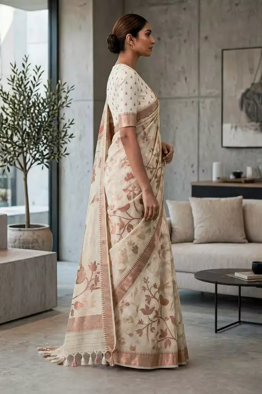 Cream kasmiri silk saree