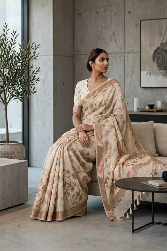 Cream kasmiri silk saree