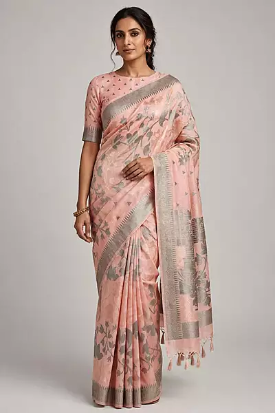 Peach pink kashmiri silk saree