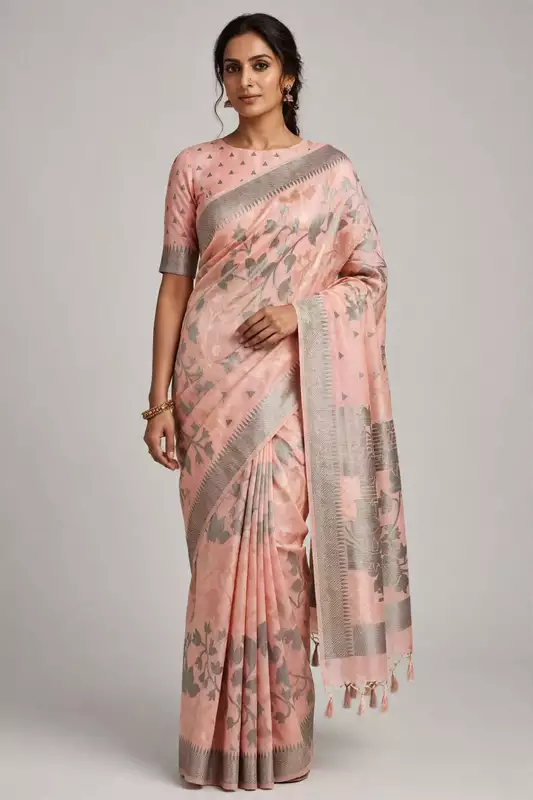 Peach pink kashmiri silk saree