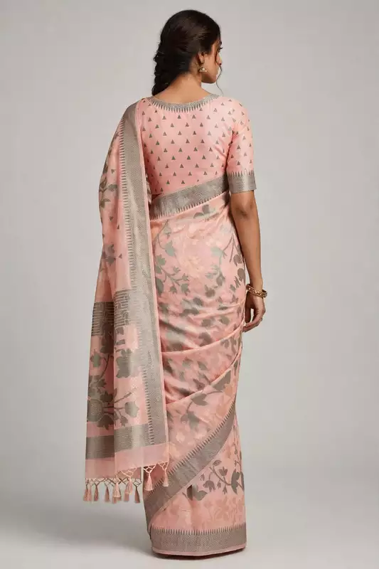 Peach pink kashmiri silk saree