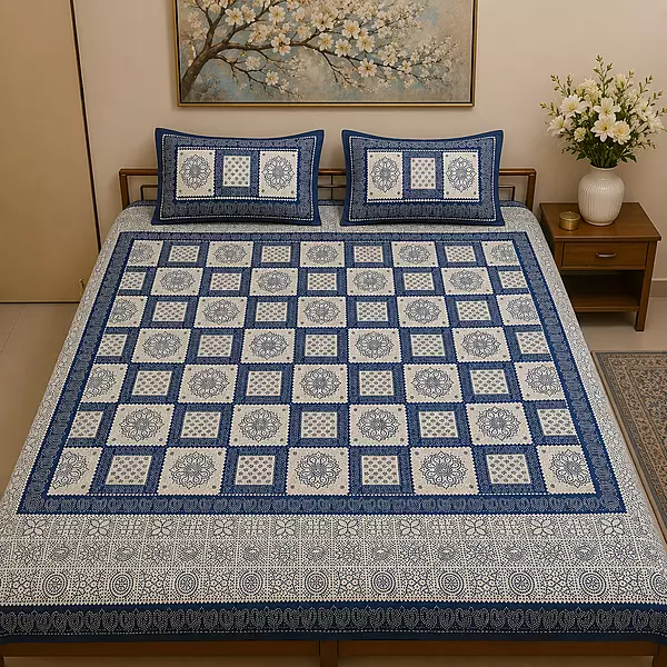 Blue square print double bedsheet