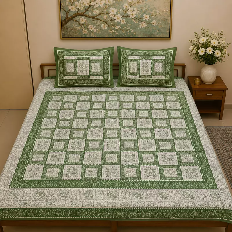 Green square print double bedsheet