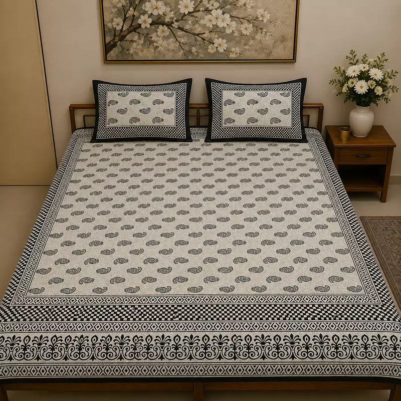 Jaipuri cotton white mango print king size bedsheet