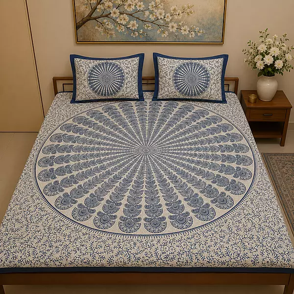 Blue round print double bedsheet