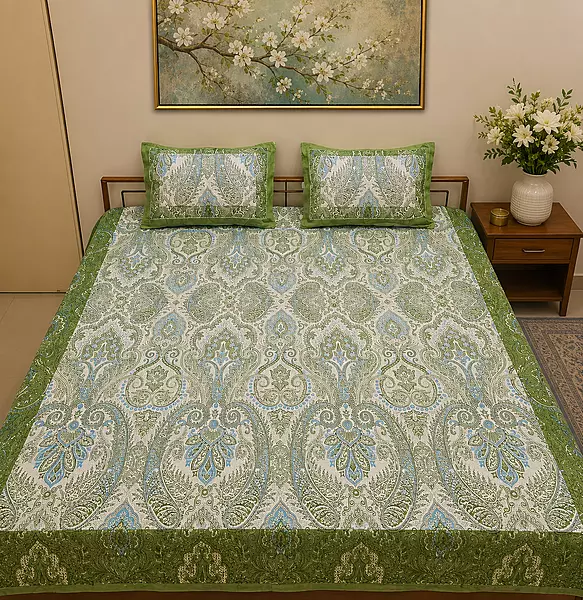 Green Sanganeri Print Bedsheet