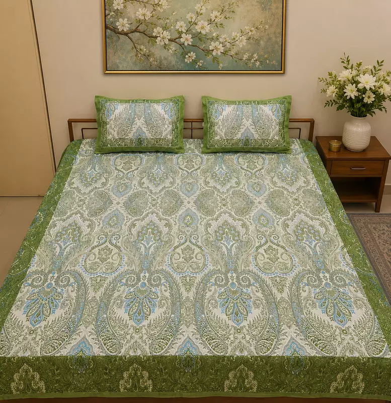 Green Sanganeri Print Bedsheet