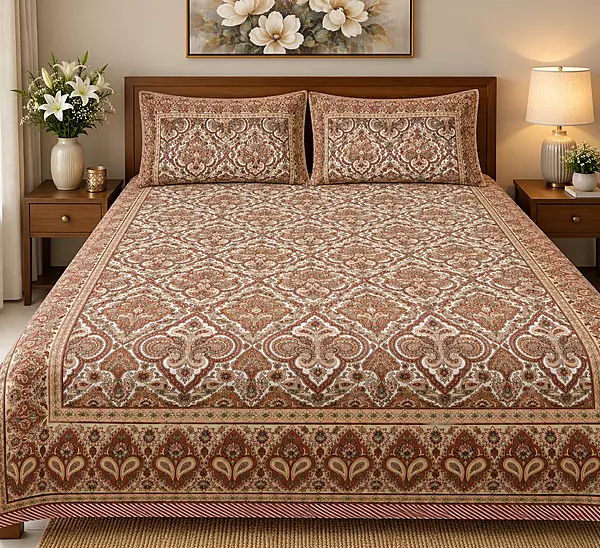 Sanganeri Print peach full print Bedsheet