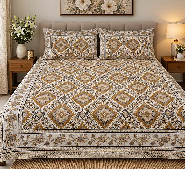 Sanganeri Print Brown Bedsheet