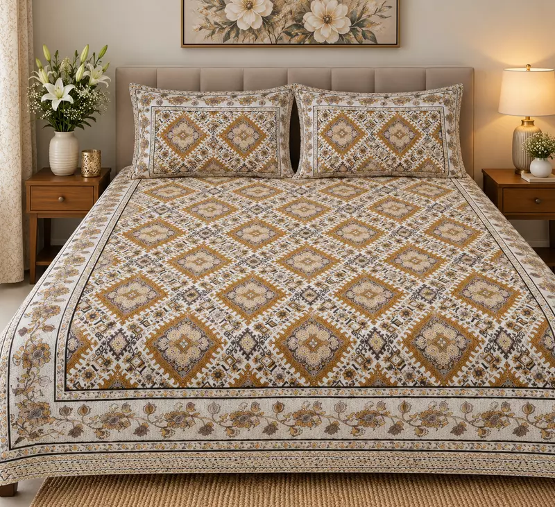 Sanganeri Print Brown Bedsheet
