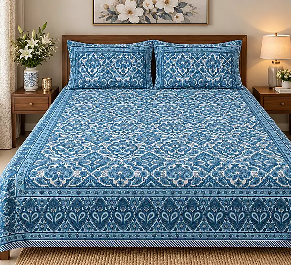 Sanganeri Print Blue Bedsheet