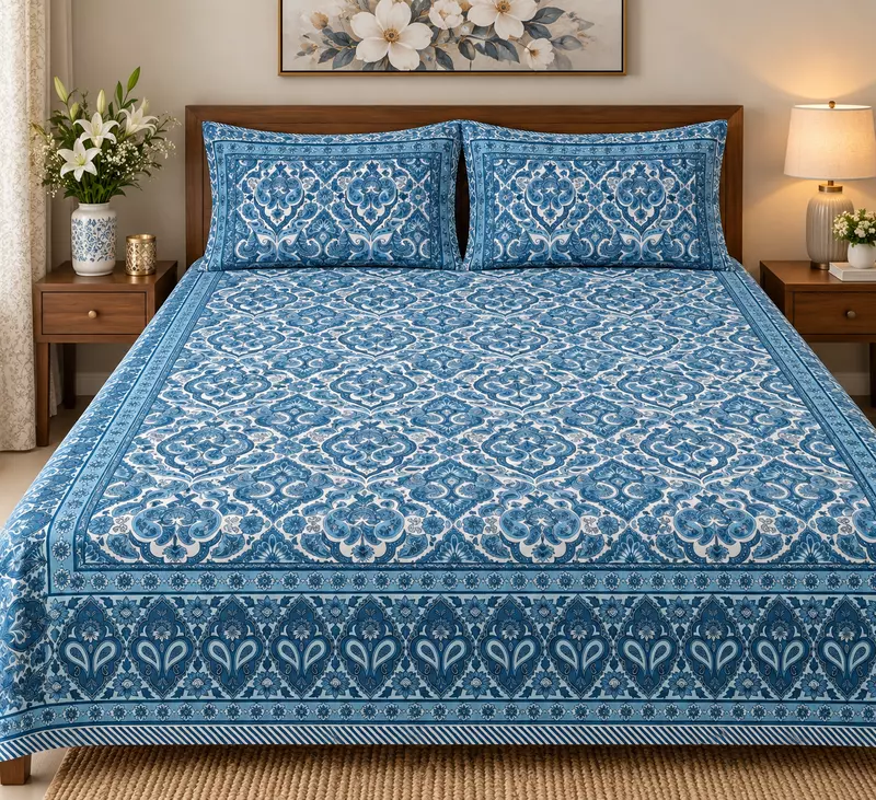 Sanganeri Print Blue Bedsheet