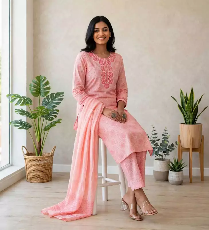 Pink embroidered jaipuri cotton suit