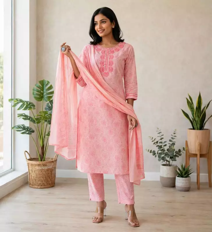 Pink embroidered jaipuri cotton suit