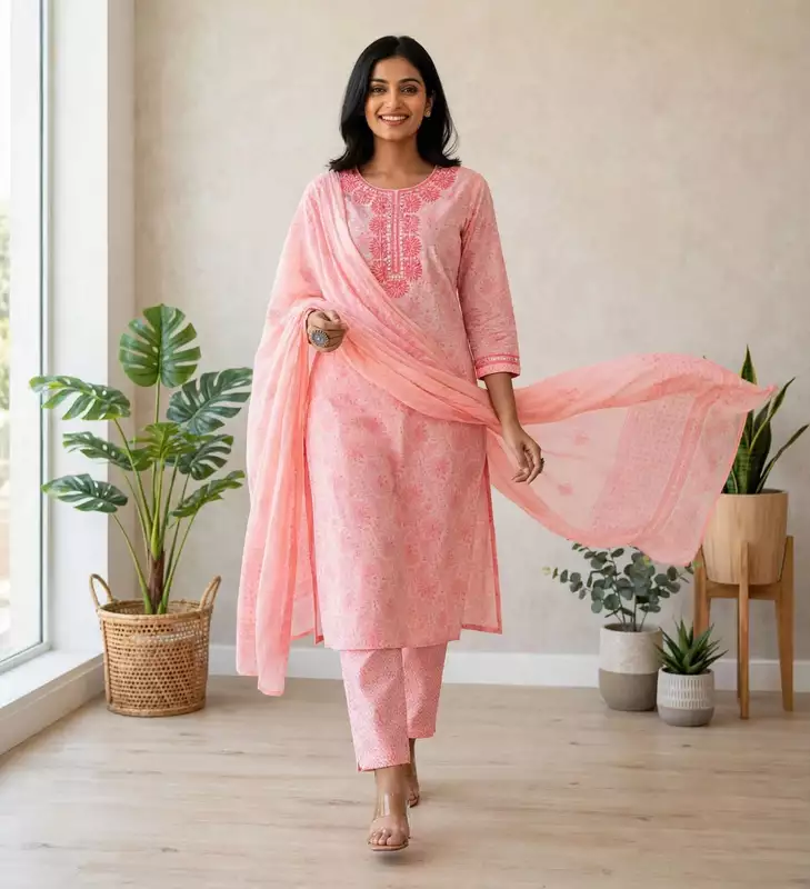 Pink embroidered jaipuri cotton suit