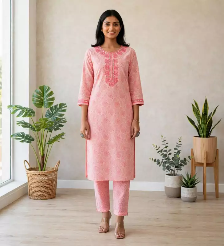 Pink embroidered jaipuri cotton suit