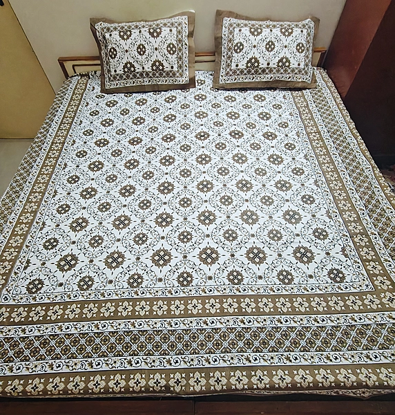 Jaipuri cotton white brown bedsheet