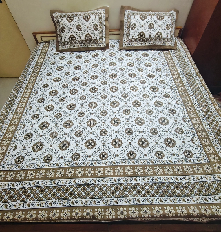 Jaipuri cotton white brown bedsheet